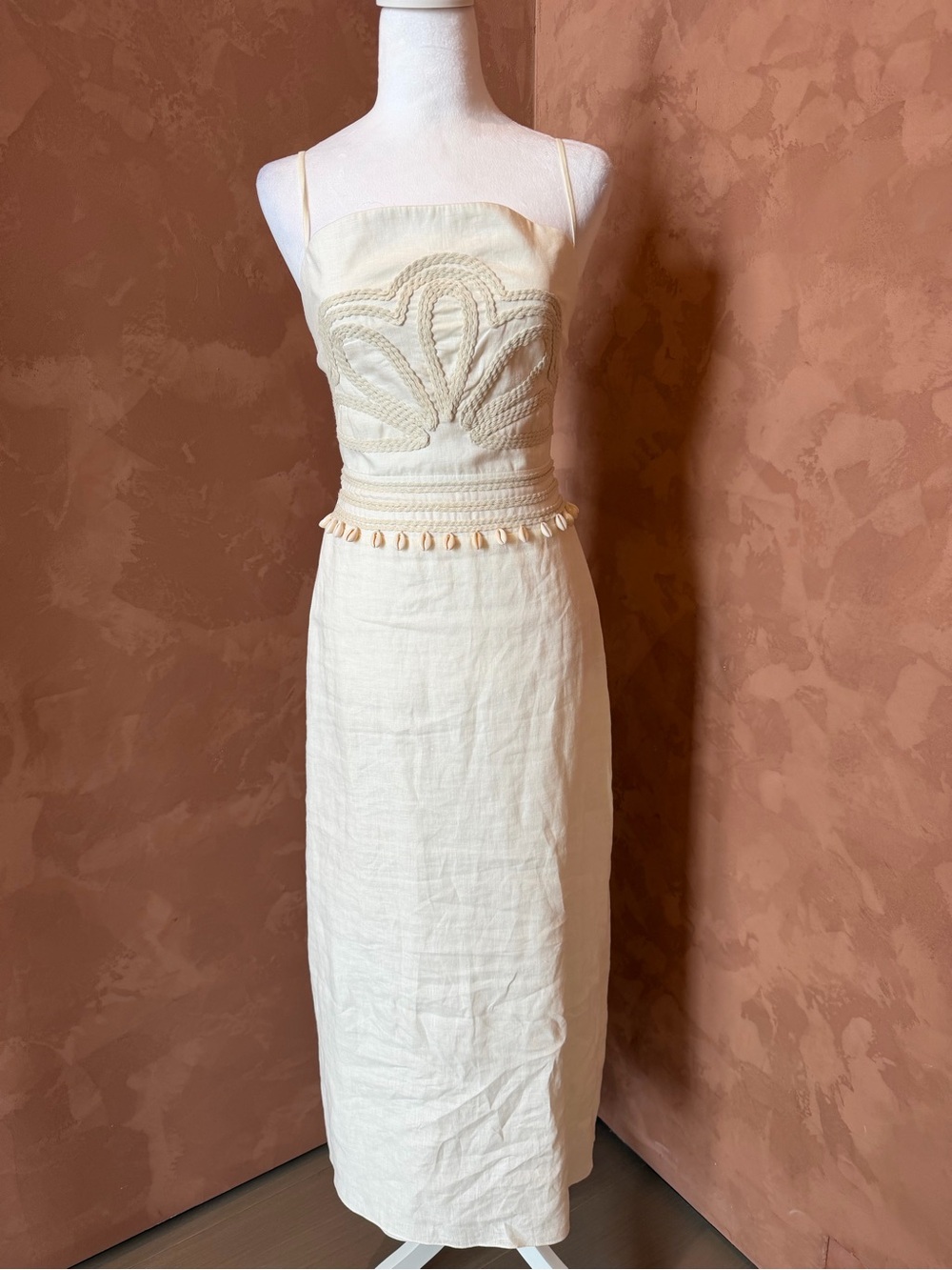 Johanna Ortiz Cream Open-Knit Crochet Long Sleeve Dress.